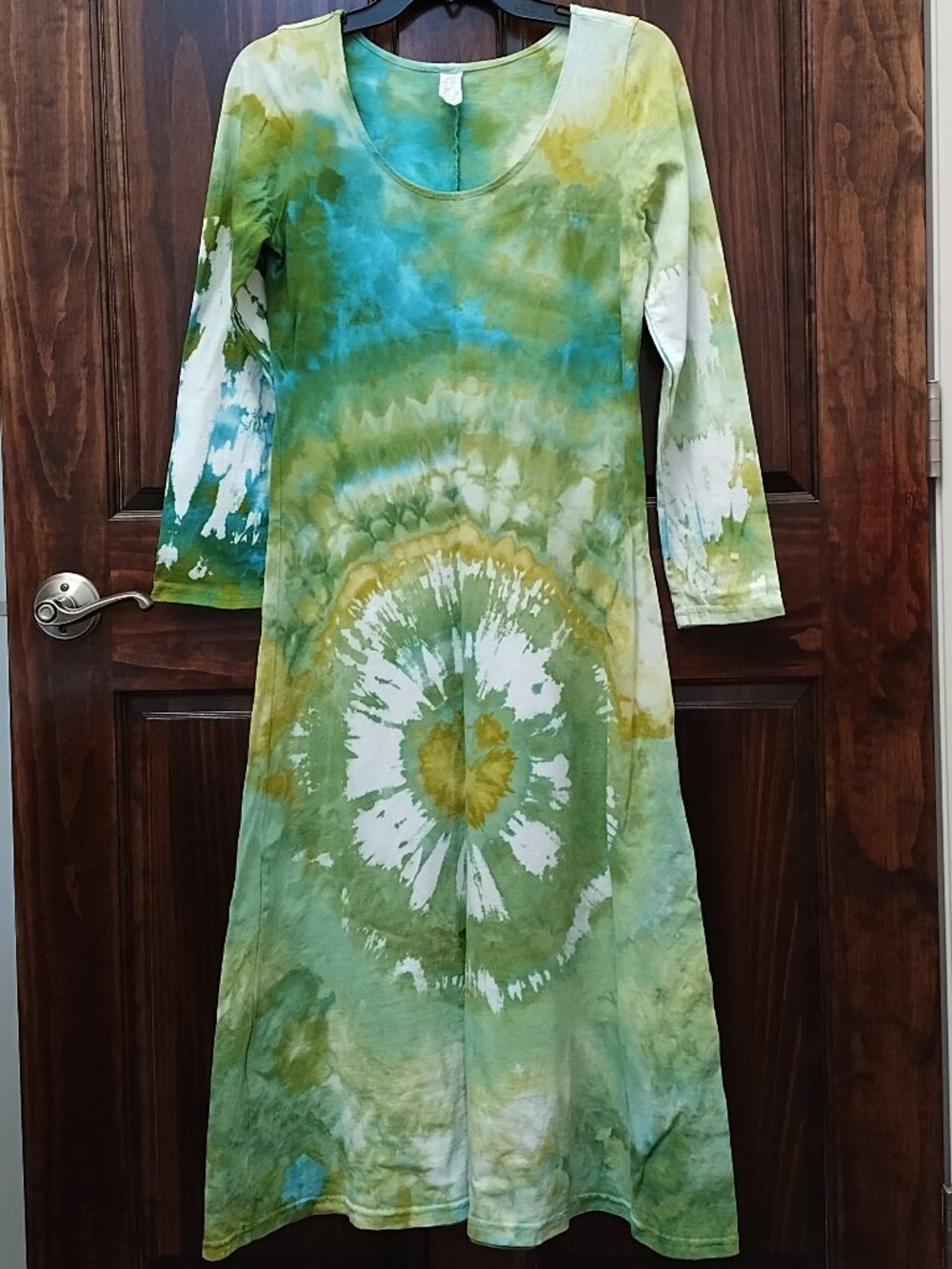 Dharma Trading Co. midi length long sleeved cotton tie-dyed dress, size small